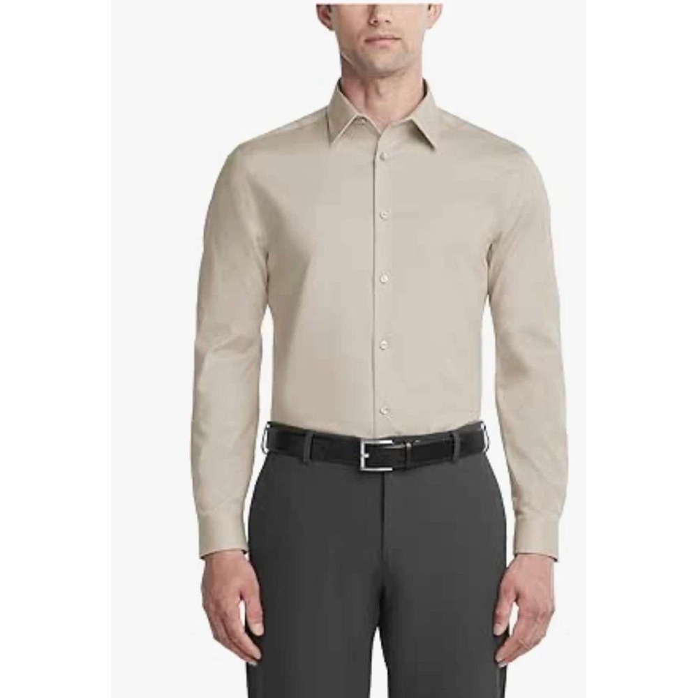 NWT Calvin Klein Dress Shirt Men's L 16.5 Tan Pattern Stretch Regular Fit
